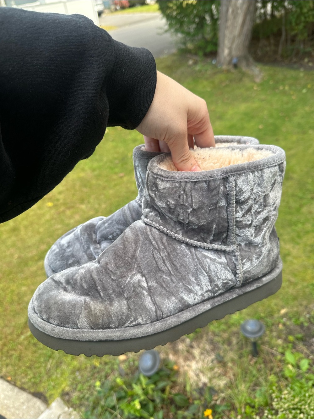 UGG Classic Mini Crushed Velvet Boots Gray Women’s Size 9